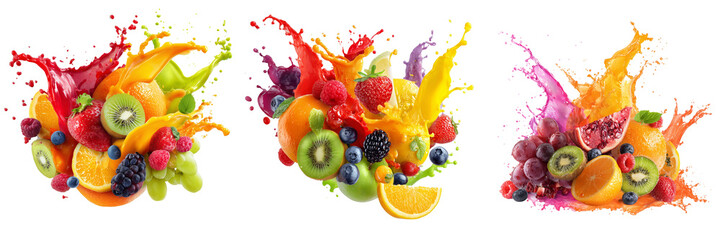 Set of A refreshing splash of orange juice bursting through mixed fruit pieces natural textures on transparent png background. Ai generated