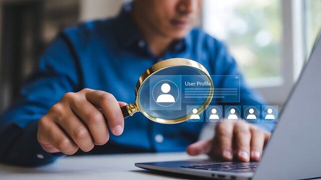 Man searching for people online with magnifying glass
