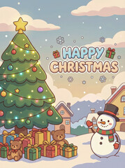 Cute Christmas cartoon background featuring a decorated tree with presents, snowman character, falling snow pattern, bright festive colors, soft shapes, and &ldquo;Happy Christmas&rdquo; 