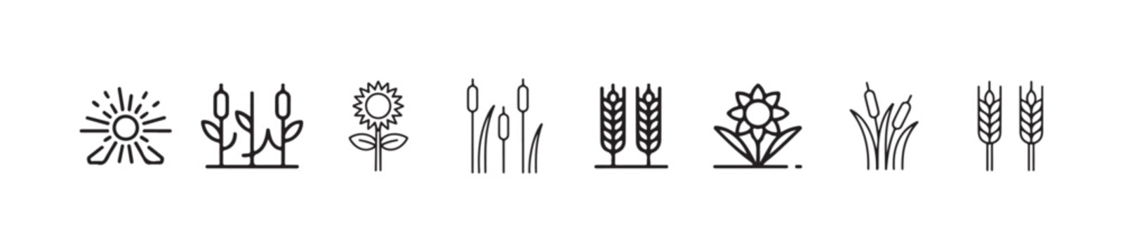 Collection of agricultural and nature line art icons, including plants and sun