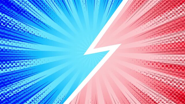 Comic Book Versus Background Loop. Blue and Red Split Screen with Halftone Dots and Lightning Bolt