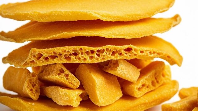 Stack of golden savory pancakes with airy holes and crispy edges, a tempting breakfast and snack display.