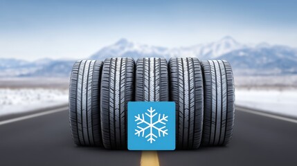 Multiple winter tires with snowflake icon on snowy road with mountain background for cold weather driving safety concept.