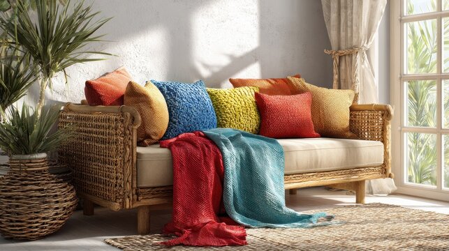 raffia couch with colorful pillows and blanket beside a bright window in a cozy living room setting