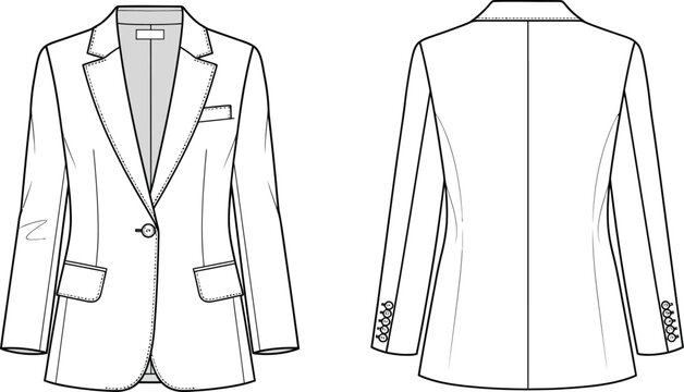 Minimalist cad flat sketch blazer jacket technical drawing vector art apparel design template front back view fashion illustration line art garment production pattern cad project resource, Vector