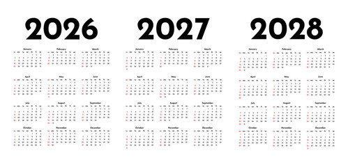 Set of calendars for 2026, 2027 and 2028 on a white background