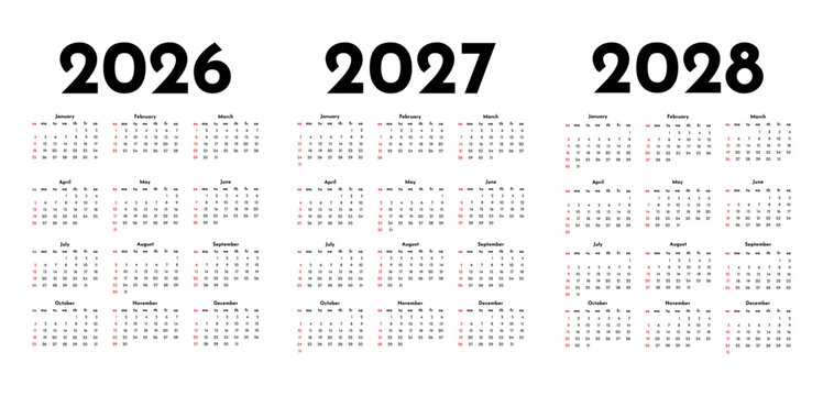 Set of calendars for 2026, 2027 and 2028 on a white background
