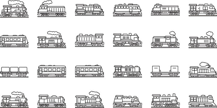 Collection of various outline train icons and locomotives for graphic design, set of different vintage and modern railway vehicles