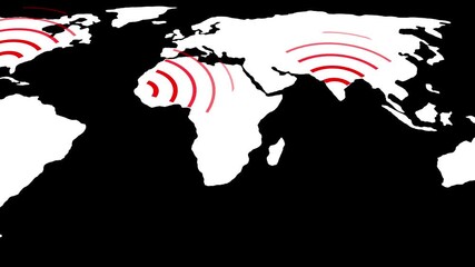 World Map with Red Signal Waves Indicating Global Connectivity and Communication Hotspots animation.Red signal waves spreading across a world map visualizing global data flow, wireless systems - Powered by Adobe