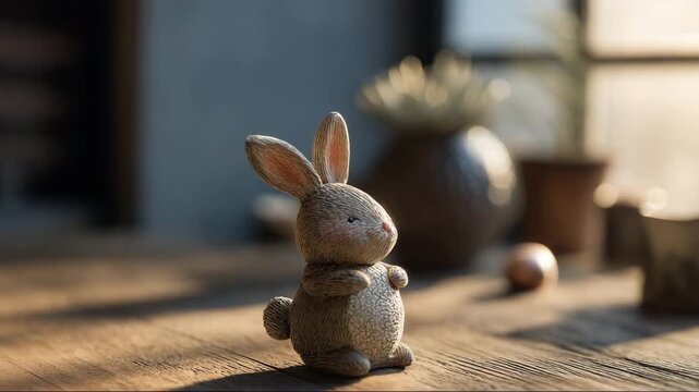 Decorative ceramic bunny figurine on wooden table with plants  