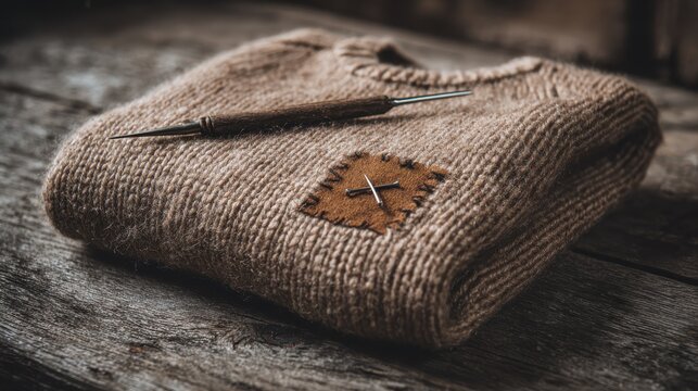 folded wool sweater with visible mending patch and sewing needle on rustic wood table