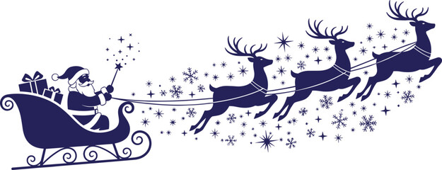 Silhouette of Santa Claus flying in a sleigh pulled by reindeer with magic stars and snowflakes, vector illustration for Christmas holiday. © Creative Crave