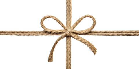 Rustic twine bow and string tied around a package, transparent background