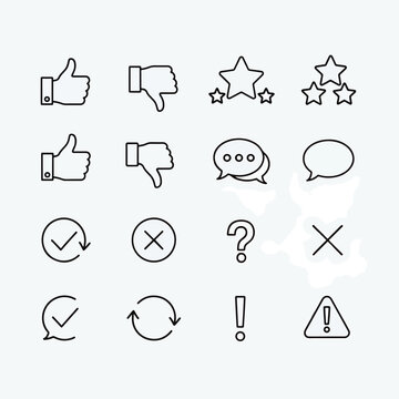 Collection of outline icons set representing thumbs up down stars chat question mark checkmark cross exclamation and warning symbols