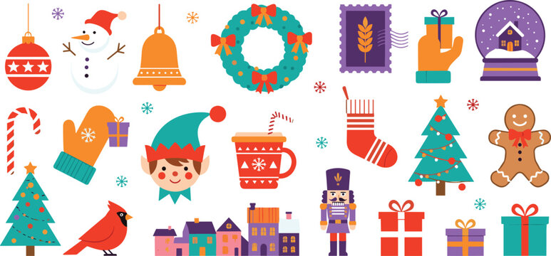 Big collection of colorful Christmas vector icons including nutcracker, snowman, wreath, gingerbread man, and gift boxes for festive holiday design projects.