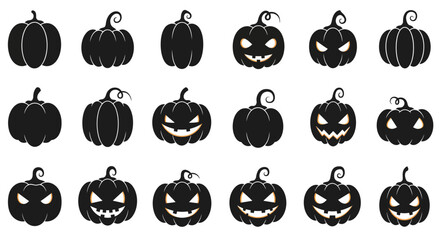 Collection of Halloween pumpkin silhouettes and various carved jack-o'-lantern faces, perfect for festive graphic design elements, autumn decorations, and seasonal holiday projects