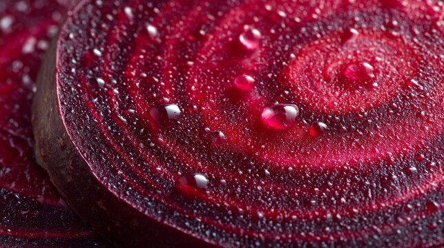 Close Up Of Fresh Beetroot Slice With Vibrant Red Purple Concentric Rings And Glossy Juice Droplets On Dark Background