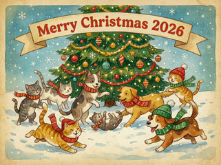 Whimsical watercolor holiday artwork featuring joyful cats and dogs in snowy winter scene, decorated Christmas tree, retro print texture, festive palette, and friendly &ldquo;Merry Christmas 2026&rdquo; typograph