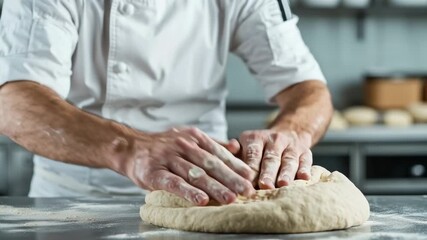 A baker shaping dough on a countertop in a professional kitchen.