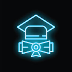 Blue neon sign representing a graduation hat and diploma, celebrating the achievement of academic goals