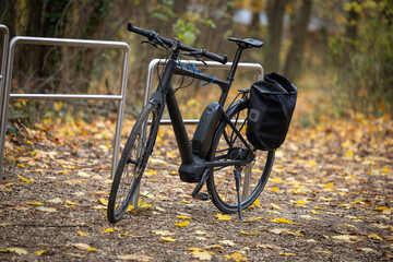 Bicycle parked near trees with fallen leaves
