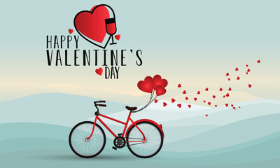 Valentine s day promotion with pink hearts clouds and a fifty percent discount, bicycle on the beach