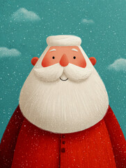 Festive kids Christmas artwork showing a friendly cartoon Santa Claus with smooth colors, bright red outfit, playful expression, and light snow in a joyful seasonal background.