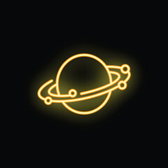 Neon yellow glowing planet with ring system on black background © ylivdesign