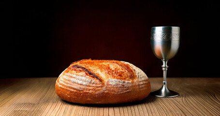 Bread and silver cup with wine. Lord's Supper. Communion in church. Symbol of the body and blood of Jesus. Redemption forgiveness of sins.