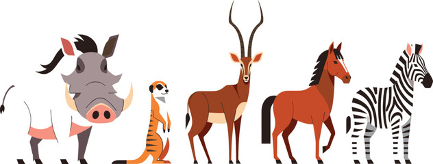PrintAfrican safari wildlife animals set including warthog meerkat gazelle horse and zebra icons in flat geometric vector style isolated on white background. © Priyanka