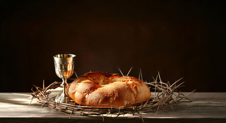 Bread and silver cup with wine. Lord's Supper. Communion in church. Symbol of the body and blood of Jesus. Redemption forgiveness of sins.