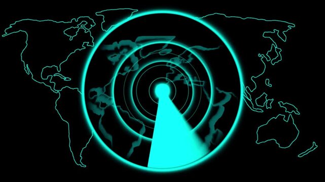 Cyan Radar Displaying World Map with Scanning Beam and Concentric Circles on animation Black Background. Hghlighting a detailed world map while a rotating scan line glides across multiple concentric