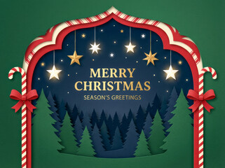 Dark green Christmas background featuring layered paper-cut pine trees, subtle night stars, golden hanging ornaments, red arch frame, and candy-cane poles in an elegant modern holiday design.