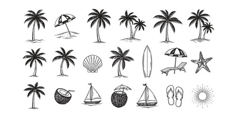   palm trees on the beach engraving outline vector art illustration design, palm tree silhouette, hand drawn beach drawing, line art palm tree, sea, beach, summer view, vintage palm tree on sea beach © SagorKundu