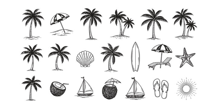 	
palm trees on the beach engraving outline vector art illustration design, palm tree silhouette, hand drawn beach drawing, line art palm tree, sea, beach, summer view, vintage palm tree on sea beach
