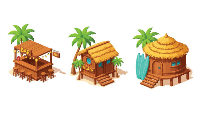 Cartoon Tropical Huts and Beach Bar