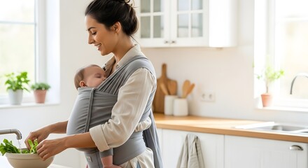 A happy woman cooking with a baby in a carrier, illustrating the modern motherhood lifestyle concept in a bright kitchen