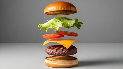 Deconstructed Burger: An appetizing burger floats in mid-air, with each layer artfully separated, showcasing fresh ingredients and culinary composition.