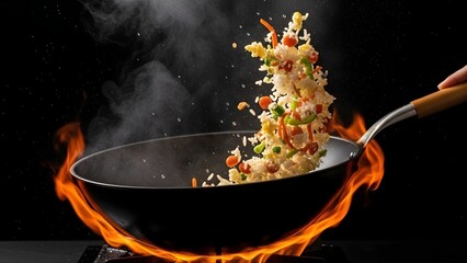 Culinary Creation: A vibrant display of culinary artistry as flavorful ingredients cascade from a fiery wok, symbolizing the passion and skill of a chef.