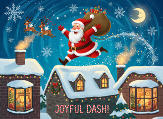 Playful Christmas illustration of Santa Claus running across snowy rooftops, capturing joyful holiday spirit, cozy winter atmosphere, and charming humor in a festive seasonal design.
