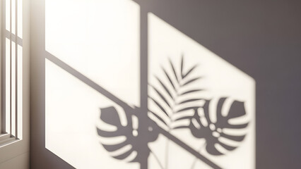Minimalist aesthetic shadow of monstera leaves and window frame on white wall background