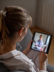 back view of woman making video call with her doctor while staying at home close up of patient in video conferencing with general practitioner on digital tablet sick girl in online consultation no lo