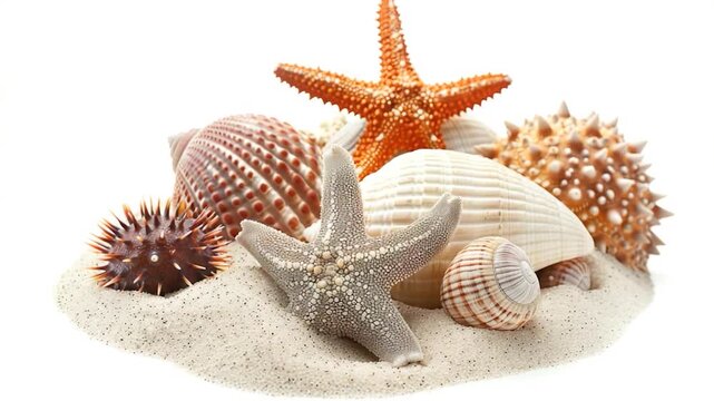 Video A collection of sea shells and starfish on a sunny beach