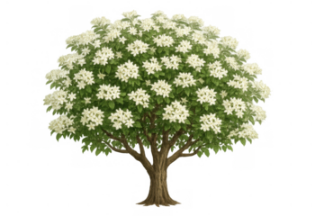 Tree with white flowers and green foliage, representing blooming season, spring, and vitality on a transparent background