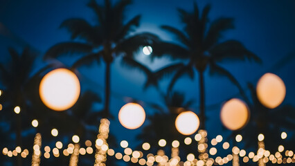 Tropical holiday background with silhouette palm trees and bokeh string lights under night sky moon