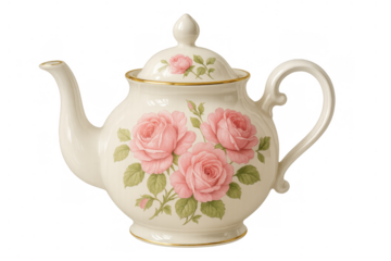Vintage porcelain teapot showcasing delicate pink rose floral pattern and gold trim, bringing elegance to tea time, transparent background