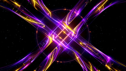 An abstract, futuristic background of swirling purple and yellow light trails in a dynamic, energetic pattern.