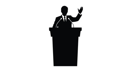 A man giving a speech at a podium a striking black and white silhouette
