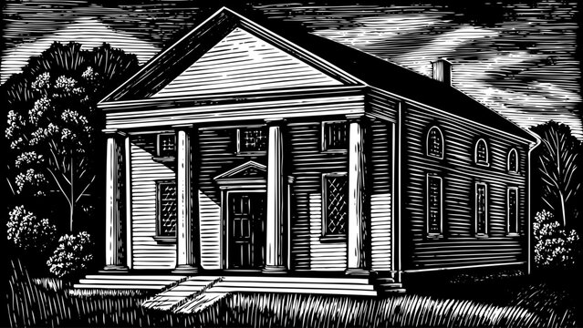 Classic colonial house with columns and portico under a cloudy sky