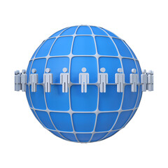 A circle of human or people symbols arranged around the world globe isolated. Global network concept. Human resources, HR, employee, recruitment, job, manager, hiring, and senior management.